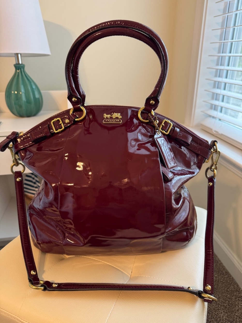 Coach Madison Lindsey Patent Leather Satchel in Burgundy